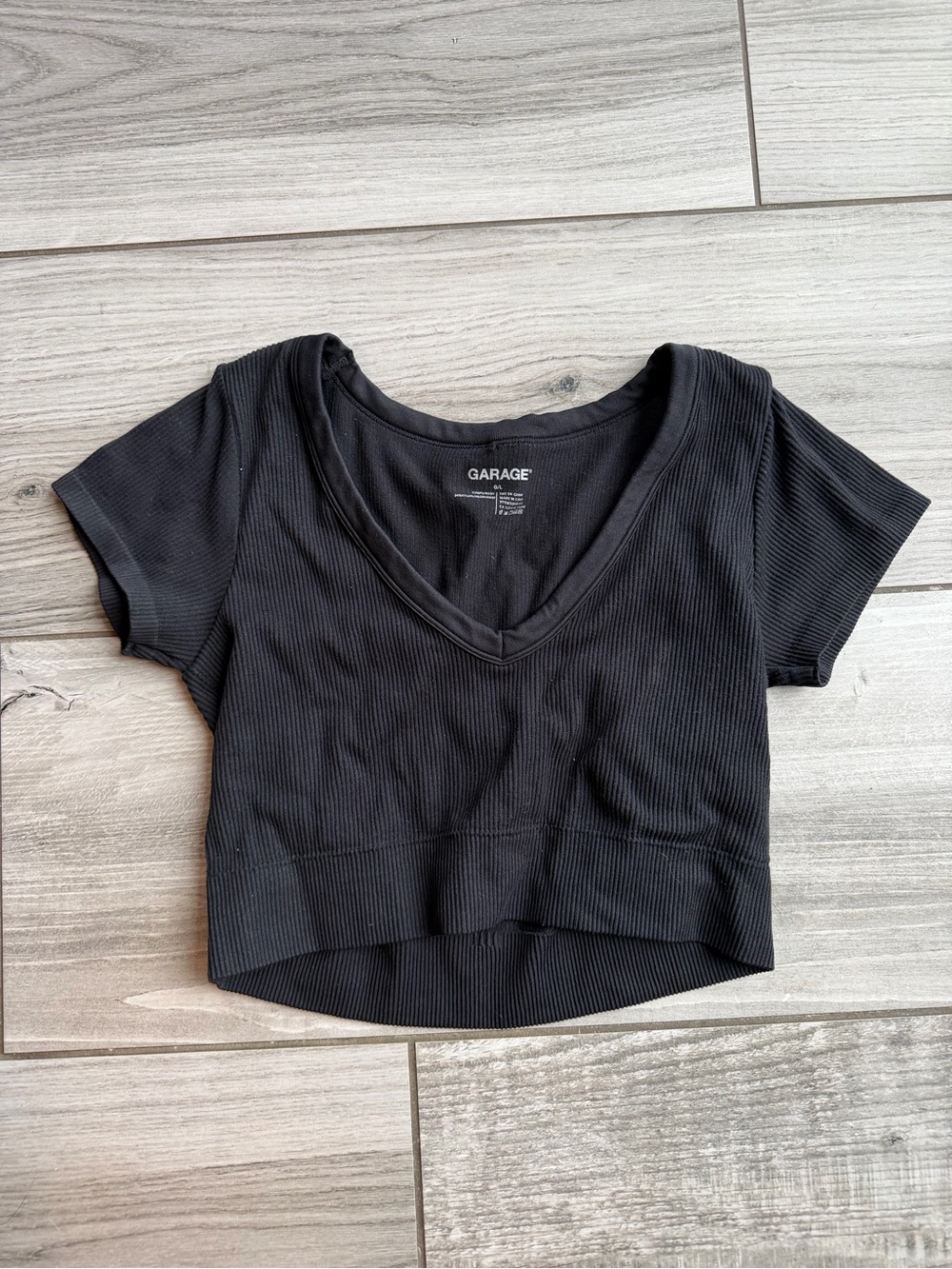 Garage Black Ribbed V-Neck Cropped T-Shirt